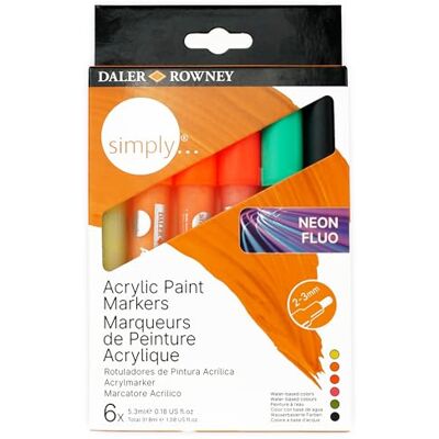 Daler Rowney Simply, Pennarelli per pittura acrilica, confezione da 6 colori fluorescenti assortiti Daler Rowney Simply, Pennarelli per pittura acrilica, confezione da 6 colori fluorescenti assortiti