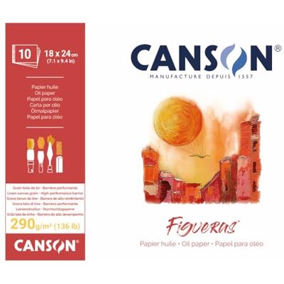 Canson Figueras, Carta Olio, Grana imitazione lino, 290 gsm, Blocco incollato sul lato corto, 18 x 24 cm, Bianco, 10 fogli Canson Figueras, Carta Olio, Grana imitazione lino, 290 gsm, Blocco incollato sul lato corto, 18 x 24 cm, Bianco, 10 fogli