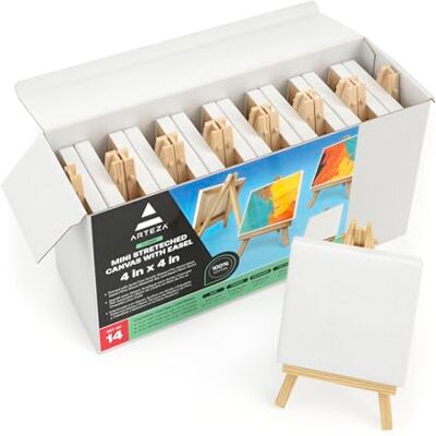 ARTEZA Mini tele con cavalletto, 10,16 x 10,16 cm, confezione da 14, 100% tela tesa piccola in cotone e cavalletto in legno di pino massiccio, forniture artistiche per feste di pittura, artigianato e ARTEZA Mini tele con cavalletto, 10,16 x 10,16 cm, confezione da 14, 100% tela tesa piccola in cotone e cavalletto in legno di pino massiccio, forniture artistiche per feste di pittura, artigianato e