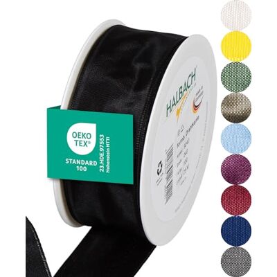 Halbach Seidenbänder Nastro regalo di alta qualità con bordo in filo metallico, larghezza 40 mm, lunghezza 25 m, certificato Öko-Tex 100, prodotto in Germania, colore: nero Halbach Seidenbänder Nastro regalo di alta qualità con bordo in filo metallico, larghezza 40 mm, lunghezza 25 m, certificato Öko-Tex 100, prodotto in Germania, colore: nero