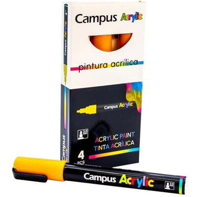 Campus Pennarelli acrilici, confezione da 4 pennarelli a punta rotonda da 2 mm, pennarelli a colori non permanenti a base d'acqua, pennarelli acrilici a vernice opaca e asciugatura rapida (arancione) Campus Pennarelli acrilici, confezione da 4 pennarelli a punta rotonda da 2 mm, pennarelli a colori non permanenti a base d'acqua, pennarelli acrilici a vernice opaca e asciugatura rapida (arancione)