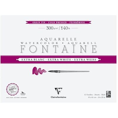 Clairefontaine Blocco collato sui 4 lati Fontaine Extra Bianco 12 fogli carta acquerello Extra Bianco 100% Cotone a grana fine Qualità professionale 61x46cm 300g Clairefontaine Blocco collato sui 4 lati Fontaine Extra Bianco 12 fogli carta acquerello Extra Bianco 100% Cotone a grana fine Qualità professionale 61x46cm 300g