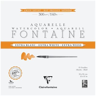Clairefontaine Blocco collato sui 4 lati Fontaine Extra Bianco 15 fogli carta acquerello Extra Bianco 100% Cotone a grana satinata Qualità professionale 30x30cm 300g Clairefontaine Blocco collato sui 4 lati Fontaine Extra Bianco 15 fogli carta acquerello Extra Bianco 100% Cotone a grana satinata Qualità professionale 30x30cm 300g