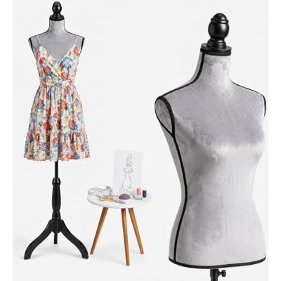 Relaxdays Manichino da sarta femminile, tg. 36/38, grigio chiaro/nero regolabile 130-167 cm, velluto, base in legno Relaxdays Manichino da sarta femminile, tg. 36/38, grigio chiaro/nero regolabile 130-167 cm, velluto, base in legno