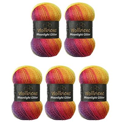 Wollbiene Moonlight Glitter Batik Simli, 5 gomitoli di lana da 100 g e 500 g, per lavorare a maglia e all'uncinetto, 20% lana metallizzata Wollbiene Moonlight Glitter Batik Simli, 5 gomitoli di lana da 100 g e 500 g, per lavorare a maglia e all'uncinetto, 20% lana metallizzata