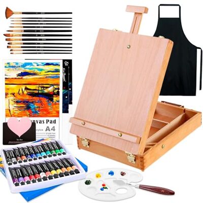 UBBOY Cavalletto Pittura,Cavalletto da Tavolo,Set di pittura acrilica da 44 pezzi,24 colori acrilici,12 pennelli,Spatola, Grembiuli,Tavolozza Colori e Tela A4,per Professionisti e Hobbisti UBBOY Cavalletto Pittura,Cavalletto da Tavolo,Set di pittura acrilica da 44 pezzi,24 colori acrilici,12 pennelli,Spatola, Grembiuli,Tavolozza Colori e Tela A4,per Professionisti e Hobbisti