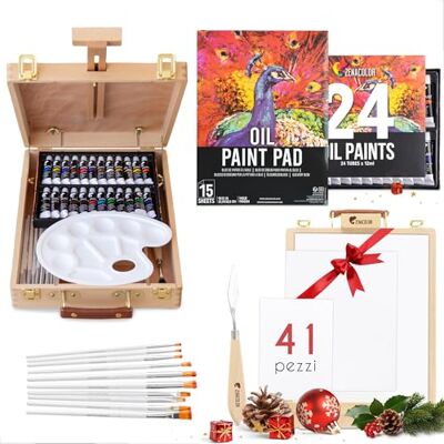 Zenacolor Cavalletto Pittura da Tavolo Kit per Dipingere 41 Pezzi 24 Colori ad Olio · 10 Pennelli · 3 Tele · Blocco Carta · Spatola · Tavolozza per Artisti · Set Pittura Completo Zenacolor Cavalletto Pittura da Tavolo Kit per Dipingere 41 Pezzi 24 Colori ad Olio · 10 Pennelli · 3 Tele · Blocco Carta · Spatola · Tavolozza per Artisti · Set Pittura Completo