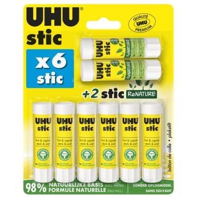 UHU Stic Bastoncini di colla senza solventi, bianco, confezione da 6 stics da 8,2 g + 2 stics Renature da 8,2 g UHU Stic Bastoncini di colla senza solventi, bianco, confezione da 6 stics da 8,2 g + 2 stics Renature da 8,2 g