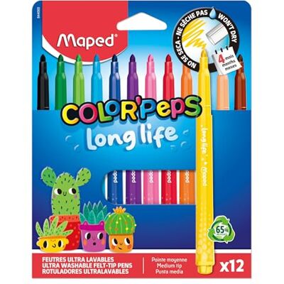 Maped Pennarelli Color Pep's Long Life Fornitura scolastica Pennarelli lavabili con punta bloccata super resistente Non asciugare senza cappuccio Colori luminosi Ottima copertura x12 Maped Pennarelli Color Pep's Long Life Fornitura scolastica Pennarelli lavabili con punta bloccata super resistente Non asciugare senza cappuccio Colori luminosi Ottima copertura x12