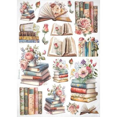 Stamperia Carta di riso formato A4, design vintage con libri e fiori per decoupage e lavori artigianali Stamperia Carta di riso formato A4, design vintage con libri e fiori per decoupage e lavori artigianali