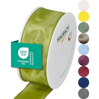 Halbach Seidenbänder Nastro regalo di alta qualità con bordo in filo metallico, larghezza 40 mm, lunghezza 25 m, certificato Öko-Tex 100, prodotto in Germania, colore: verde Halbach Seidenbänder Nastro regalo di alta qualità con bordo in filo metallico, larghezza 40 mm, lunghezza 25 m, certificato Öko-Tex 100, prodotto in Germania, colore: verde