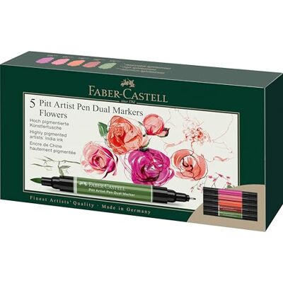 Faber-Castell 162007 Pennarelli Pitt Artist Pen Dual, 5 pennarelli con doppia punta punta a pennello e punta in fibra set di pennarelli Flowers Faber-Castell 162007 Pennarelli Pitt Artist Pen Dual, 5 pennarelli con doppia punta punta a pennello e punta in fibra set di pennarelli Flowers