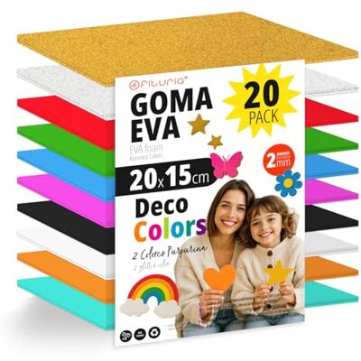 OFITURIA Confezione da 20 fogli di gomma EVA colori decorativi, formato 20x15 cm, 10 colori assortiti, per uso scolastico o domestico, gomma EVA (Assortimento decorazione) OFITURIA Confezione da 20 fogli di gomma EVA colori decorativi, formato 20x15 cm, 10 colori assortiti, per uso scolastico o domestico, gomma EVA (Assortimento decorazione)
