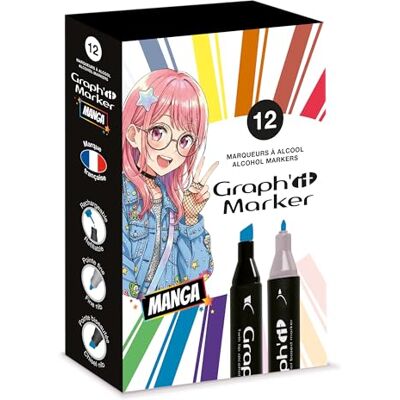 GRAPH'IT Set di 12 pennarelli ad alcool a doppia punta: Fine e smussato per disegno manga, illustrazione, colorazione, schizzi, scrittura ricaricabile Set Manga GRAPH'IT Set di 12 pennarelli ad alcool a doppia punta: Fine e smussato per disegno manga, illustrazione, colorazione, schizzi, scrittura ricaricabile Set Manga