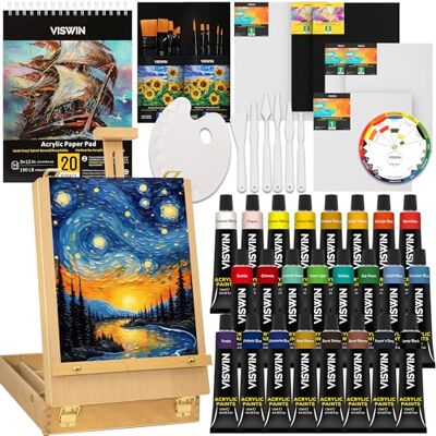 VISWIN Kit di Pittura Acrilica 62 Pezzi con Cavalletto Valigetta, Set Professionale con 24 Acrilici, Tele, Pennelli & Blocco, Regalo per Adulti, Bambini, Artisti VISWIN Kit di Pittura Acrilica 62 Pezzi con Cavalletto Valigetta, Set Professionale con 24 Acrilici, Tele, Pennelli & Blocco, Regalo per Adulti, Bambini, Artisti