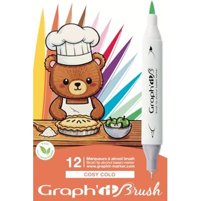 GRAPH'IT Brush Set di 12 pennarelli per alcol a doppia punta e pennello extra fine, set cozy colo GRAPH'IT Brush Set di 12 pennarelli per alcol a doppia punta e pennello extra fine, set cozy colo