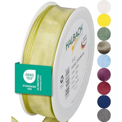 Halbach Seidenbänder Nastro regalo di alta qualità con bordo in filo, larghezza 25 mm, lunghezza 25 m, certificato Öko-Tex 100, prodotto in Germania, colore: verde chiaro Halbach Seidenbänder Nastro regalo di alta qualità con bordo in filo, larghezza 25 mm, lunghezza 25 m, certificato Öko-Tex 100, prodotto in Germania, colore: verde chiaro