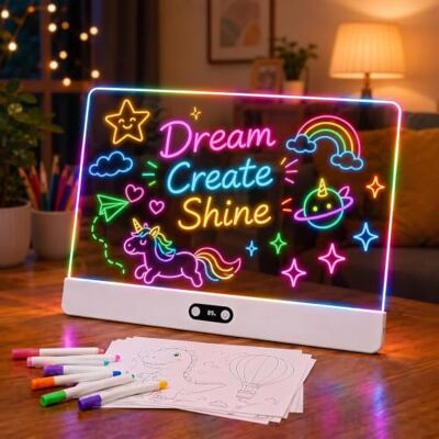 Aogled Lavagna da disegno a LED con indicatore digitale della batteria, 35 x 26 cm, lavagna acrilica (bianca) con 8 colori e 7 penne al neon, lavagna luminosa riscrivibile, per bambini, ufficio, bar e Aogled Lavagna da disegno a LED con indicatore digitale della batteria, 35 x 26 cm, lavagna acrilica (bianca) con 8 colori e 7 penne al neon, lavagna luminosa riscrivibile, per bambini, ufficio, bar e