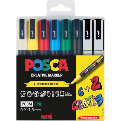 Posca Faber-Castell uni-ball Set di pennarelli , confezione da 8 penne acriliche PC-3M, 0,9 1,3 mm, 6 colori standard + 2 colori speciali alternati Posca Faber-Castell uni-ball Set di pennarelli , confezione da 8 penne acriliche PC-3M, 0,9 1,3 mm, 6 colori standard + 2 colori speciali alternati