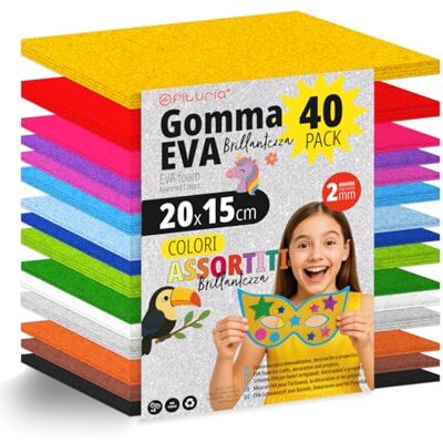 OFITURIA Set 40 Fogli Gomma Eva, Colori Assortiti, Formato 20x15 cm, 15 Colori Diversi, Ideale per Fai da Te, Scuola, Lavoretti Creativi, Hobby e Uso Artistico (Glitter) OFITURIA Set 40 Fogli Gomma Eva, Colori Assortiti, Formato 20x15 cm, 15 Colori Diversi, Ideale per Fai da Te, Scuola, Lavoretti Creativi, Hobby e Uso Artistico (Glitter)