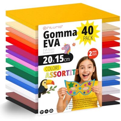 OFITURIA Set 40 Fogli Gomma Eva, Colori Assortiti, Formato 20x15 cm, 15 Colori Diversi, Ideale per Fai da Te, Scuola, Lavoretti Creativi, Hobby e Uso Artistico (Senza Glitter) OFITURIA Set 40 Fogli Gomma Eva, Colori Assortiti, Formato 20x15 cm, 15 Colori Diversi, Ideale per Fai da Te, Scuola, Lavoretti Creativi, Hobby e Uso Artistico (Senza Glitter)