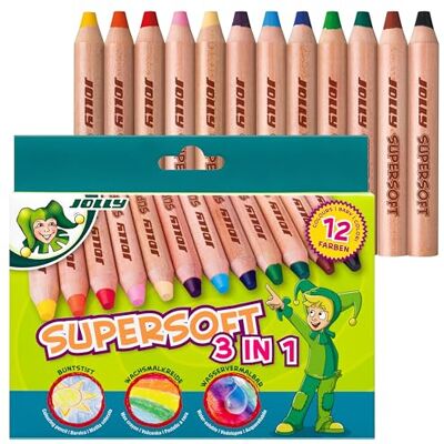 JOLLY Supersoft 3 in 1 – 12 colori Matite colorate, pastelli a cera e matite acquerellabili in un unico prodotto, mina extra morbida da 10 mm, resistente alla rottura e coprente, per bambini JOLLY Supersoft 3 in 1 – 12 colori Matite colorate, pastelli a cera e matite acquerellabili in un unico prodotto, mina extra morbida da 10 mm, resistente alla rottura e coprente, per bambini