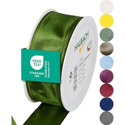 Halbach Seidenbänder Nastro regalo di alta qualità con bordo in filo metallico, larghezza 40 mm, lunghezza 25 m, certificato Öko-Tex 100, prodotto in Germania, colore: verde muschio Halbach Seidenbänder Nastro regalo di alta qualità con bordo in filo metallico, larghezza 40 mm, lunghezza 25 m, certificato Öko-Tex 100, prodotto in Germania, colore: verde muschio