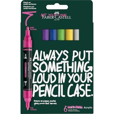 Faber-Castell Set di pennarelli acrilici Multimark, 6 pennarelli acrilici con doppia punta, resistenti all'acqua e ad asciugatura rapida Faber-Castell Set di pennarelli acrilici Multimark, 6 pennarelli acrilici con doppia punta, resistenti all'acqua e ad asciugatura rapida