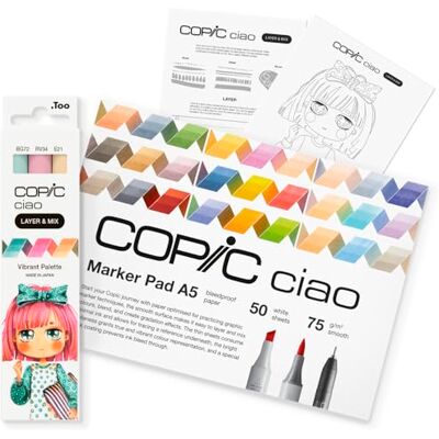 Copic Ciao LAYER & MIX Starter Set vibrante con 3 diversi colori, carta pennarello e modello da disegno, incluso foglio di allenamento per conoscere Copic Ciao LAYER & MIX Starter Set vibrante con 3 diversi colori, carta pennarello e modello da disegno, incluso foglio di allenamento per conoscere
