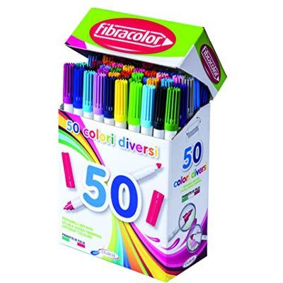 FIBRACOLOR Pennarelli Bipunta 544 , scatola compact 50 pezzi, 50 colori diversi, punta conica e punta fine, doppio tratto di scrittura, superlavabili FIBRACOLOR Pennarelli Bipunta 544 , scatola compact 50 pezzi, 50 colori diversi, punta conica e punta fine, doppio tratto di scrittura, superlavabili