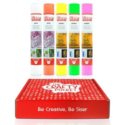 SISER Crafty Pocket Fluo Vinile Termoadesivo per Personalizzare i Tessuti, per l'uso con tutte le Macchine da Taglio Kit che Include 5 Rotoli 30 x 50 cm dai Colori Fluo SISER Crafty Pocket Fluo Vinile Termoadesivo per Personalizzare i Tessuti, per l'uso con tutte le Macchine da Taglio Kit che Include 5 Rotoli 30 x 50 cm dai Colori Fluo