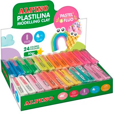 Alpino Espositore da 24 plastiline FLUO/PASTELLO da 50gr, colori assortiti. Alpino Espositore da 24 plastiline FLUO/PASTELLO da 50gr, colori assortiti.
