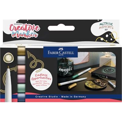 Faber-Castell Set di pennarelli Goldfaber Creative, 6 pennarelli, pennarelli impermeabili, spessore tratto 1,5 mm, set Metallic Moments Faber-Castell Set di pennarelli Goldfaber Creative, 6 pennarelli, pennarelli impermeabili, spessore tratto 1,5 mm, set Metallic Moments