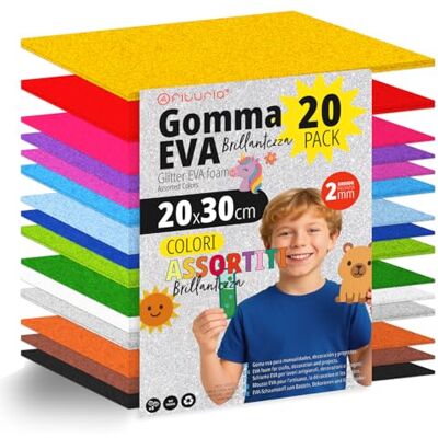 OFITURIA Set 20 Fogli Gomma Eva, Colori Assortiti, Formato 20x30 cm, 15 Colori Diversi, Ideale per Fai da Te, Scuola, Lavoretti Creativi, Hobby e Uso Artistico (Glitter) OFITURIA Set 20 Fogli Gomma Eva, Colori Assortiti, Formato 20x30 cm, 15 Colori Diversi, Ideale per Fai da Te, Scuola, Lavoretti Creativi, Hobby e Uso Artistico (Glitter)