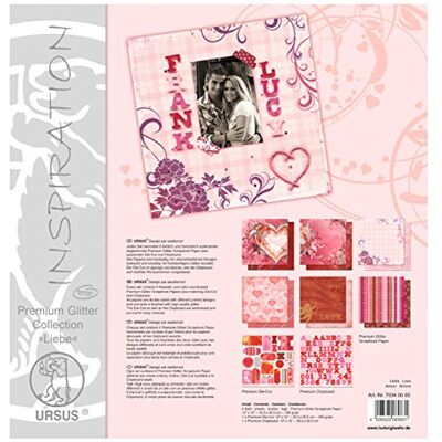 URSUS - Nein Premium Glitter Collection Love, Circa 30,5 x 30,5 cm, 6 Fogli di Carta, 1 taglierino e 1 Pannello di truciolato, Colore Amore, URSUS - Nein Premium Glitter Collection Love, Circa 30,5 x 30,5 cm, 6 Fogli di Carta, 1 taglierino e 1 Pannello di truciolato, Colore Amore,