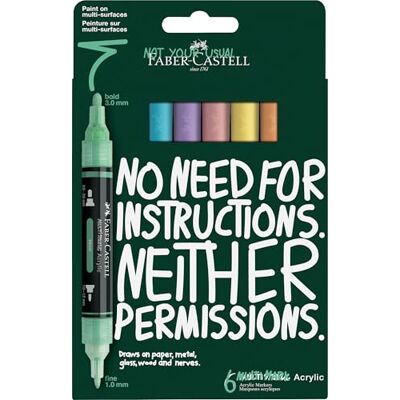 Faber-Castell Set di pennarelli acrilici Multimark, 6 pennarelli acrilici a doppia punta in colori pastello, resistenti all'acqua e ad asciugatura rapida Faber-Castell Set di pennarelli acrilici Multimark, 6 pennarelli acrilici a doppia punta in colori pastello, resistenti all'acqua e ad asciugatura rapida