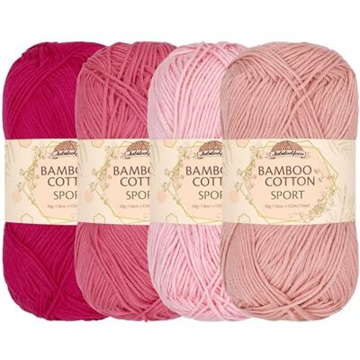 BambooMN JubileeYarn, Filato di cotone e bambù sportivo, 4 matasse, 50 g/matassa, sfumature di tonalità di rosa BambooMN JubileeYarn, Filato di cotone e bambù sportivo, 4 matasse, 50 g/matassa, sfumature di tonalità di rosa