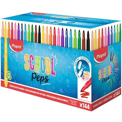 Maped Feltri School Pep's Long Life Fornitura scolastica Feltri lavabili con punta bloccata super resistente non secca senza cappuccio Colori luminosi Ottima copertura x144 Maped Feltri School Pep's Long Life Fornitura scolastica Feltri lavabili con punta bloccata super resistente non secca senza cappuccio Colori luminosi Ottima copertura x144