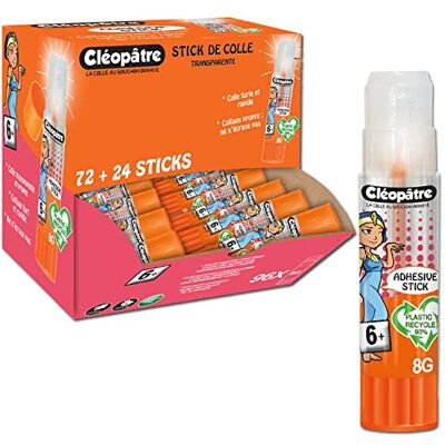 Cléopâtre CLEOPATRE Confezione da 96 bastoncini di colla trasparente adesiva plastica riciclata in 8 gr senza solvente ideale per le scuole Cléopâtre CLEOPATRE Confezione da 96 bastoncini di colla trasparente adesiva plastica riciclata in 8 gr senza solvente ideale per le scuole