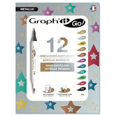 GRAPH'IT GO Set di 12 pennarelli acrilici senza innesco, doppia punta a pennello e fine METALLIC GRAPH'IT GO Set di 12 pennarelli acrilici senza innesco, doppia punta a pennello e fine METALLIC