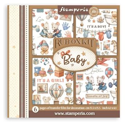Stamperia Rub-on Kit for Scrapbooks, Albums, Cards, Bullet Journals and More, Easily Transfer Images onto Paper and Other Surfaces, Perfect for Crafts and Gifting (6 Pages) (Baby) Stamperia Rub-on Kit for Scrapbooks, Albums, Cards, Bullet Journals and More, Easily Transfer Images onto Paper and Other Surfaces, Perfect for Crafts and Gifting (6 Pages) (Baby)