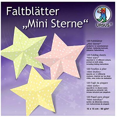 URSUS Fogli Pieghevoli Mini, 120 Fogli, 80 g/QM, 15 x 15 cm, in 12 Diversi Colori, Lato Anteriore Stampato con Stelle, Retro in Tinta Unita, Istruzioni Pieghevoli Incluse, Multicolore URSUS Fogli Pieghevoli Mini, 120 Fogli, 80 g/QM, 15 x 15 cm, in 12 Diversi Colori, Lato Anteriore Stampato con Stelle, Retro in Tinta Unita, Istruzioni Pieghevoli Incluse, Multicolore