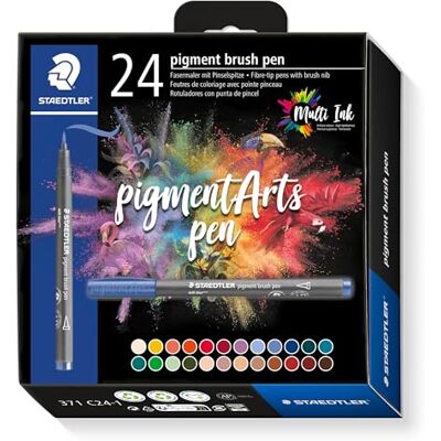 Staedtler Brush pen Pigment Arts, cartuccia da disegno, punta a pennello per larghezza variabile, impermeabile, ad asciugatura rapida, 24 penne, colori assortiti, in astuccio di cartone, 371 C24-1 Staedtler Brush pen Pigment Arts, cartuccia da disegno, punta a pennello per larghezza variabile, impermeabile, ad asciugatura rapida, 24 penne, colori assortiti, in astuccio di cartone, 371 C24-1