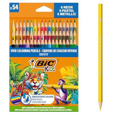 BIC Matite per colorare Kids Smooth realizzate al 100% con legno proveniente da fonti responsabili Colori standard, metallizzati, pastello e fluo assortiti, Confezione da 54 BIC Matite per colorare Kids Smooth realizzate al 100% con legno proveniente da fonti responsabili Colori standard, metallizzati, pastello e fluo assortiti, Confezione da 54