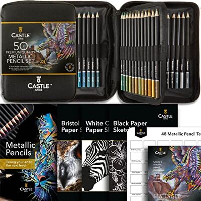Set di 48 Matite Metalliche Colorate Con Extra Anime in Cera con Tonalità Scintillanti per Professionisti, Artisti Adulti e Coloristi In Solida Custodia Cernierata da Viaggio Set di 48 Matite Metalliche Colorate Con Extra Anime in Cera con Tonalità Scintillanti per Professionisti, Artisti Adulti e Coloristi In Solida Custodia Cernierata da Viaggio