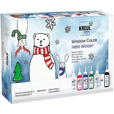 KREUL , Window Color Set Hello Winter, 6 x 80 ml colori per finestre, include contorno nero, set completo con colori brillanti, glitter e modelli KREUL , Window Color Set Hello Winter, 6 x 80 ml colori per finestre, include contorno nero, set completo con colori brillanti, glitter e modelli