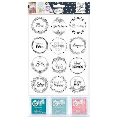 Aladine Stamp With Love Corone Expressions Tavola di 12 timbri in schiuma + 3 inchiostratori Kit ideale per etichette regalo biglietti di invito personalizzati, nero Aladine Stamp With Love Corone Expressions Tavola di 12 timbri in schiuma + 3 inchiostratori Kit ideale per etichette regalo biglietti di invito personalizzati, nero