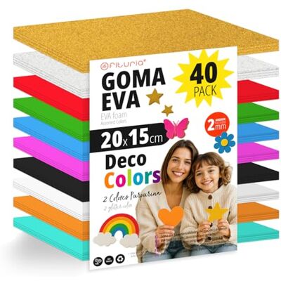 OFITURIA Confezione da 40 fogli di gomma EVA colori decorativi, formato 20x15 cm, 10 colori assortiti, per uso scolastico o domestico, gomma EVA (Assortimento decorazione) OFITURIA Confezione da 40 fogli di gomma EVA colori decorativi, formato 20x15 cm, 10 colori assortiti, per uso scolastico o domestico, gomma EVA (Assortimento decorazione)