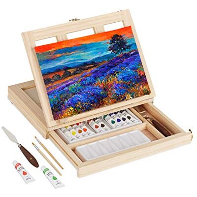Relaxdays Set Pittura in Valigetta, Kit Cavalletto Tavolo, 19 Accessori con Tela, Tavolozza, Pennelli, Colori, Naturale Relaxdays Set Pittura in Valigetta, Kit Cavalletto Tavolo, 19 Accessori con Tela, Tavolozza, Pennelli, Colori, Naturale