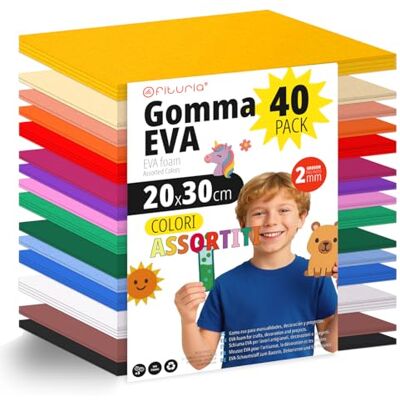 OFITURIA Set 40 Fogli Gomma Eva, Colori Assortiti, Formato 20x30 cm, 15 Colori Diversi, Ideale per Fai da Te, Scuola, Lavoretti Creativi, Hobby e Uso Artistico (Senza Glitter) OFITURIA Set 40 Fogli Gomma Eva, Colori Assortiti, Formato 20x30 cm, 15 Colori Diversi, Ideale per Fai da Te, Scuola, Lavoretti Creativi, Hobby e Uso Artistico (Senza Glitter)
